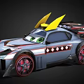Cartoon Style Racing Car With Yellow Spoiler Green Eyes And Red Wheels