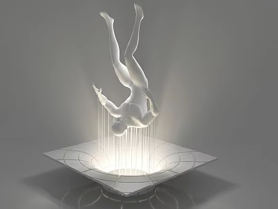 White Upside Down Human Sculpture With Light And Vertical Lines On Square Base 3d model