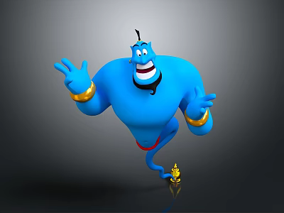 Golden Magic Lamp With Cartoon Blue Genie Figure For Home Decoration 3d model