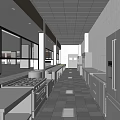Commercial Kitchen Long Layout with Stainless Steel Stovetops Refrigerators White Tiled Walls and Ceiling Lights