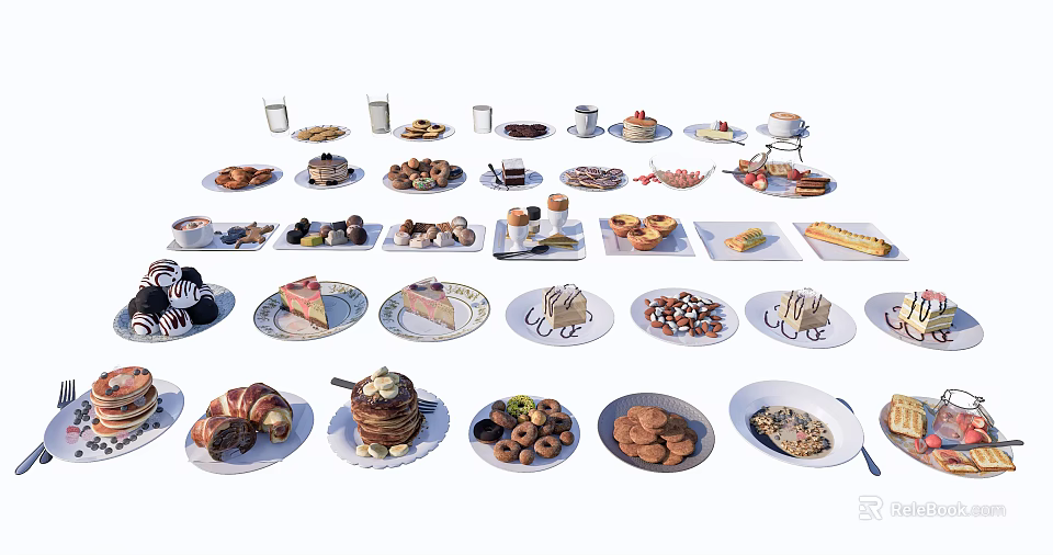 Assorted Delicious Food Platter with Cakes Donuts Sandwiches and Fresh Fruits 3d model 