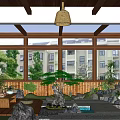 Traditional Courtyard Garden Design with Rock Formations Flowing Water Pine Tree and Wooden Deck
