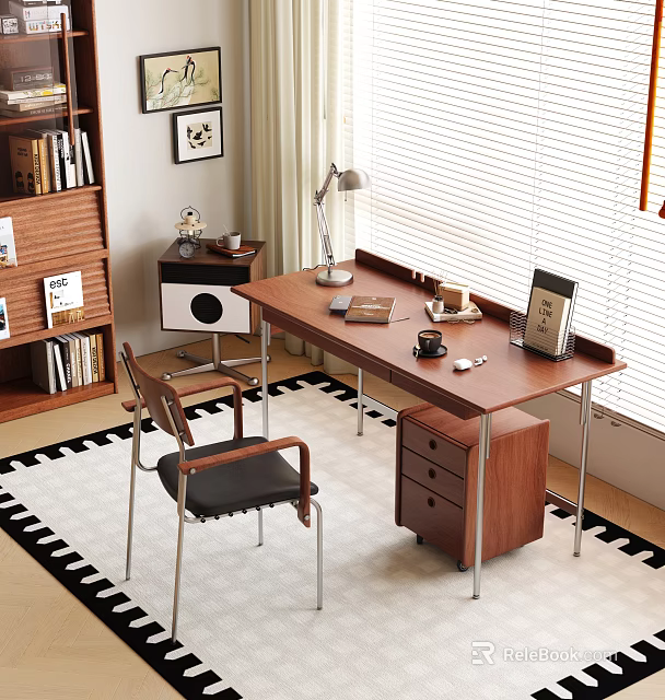 Modern Wooden Desk Interior With Bookshelf Chair Table Lamp Notebook And Coffee Cup 3d model 
