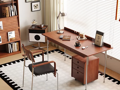 Modern Wooden Desk Interior With Bookshelf Chair Table Lamp Notebook And Coffee Cup 3d model