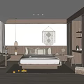 Natural Wooden Bedroom Interior With Linen Bed Pillows Macramé Wall Hanging Pendant Light And Rug