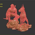 Shiny Golden Dog Sculpture with Warrior Figure on Rock Base Artwork