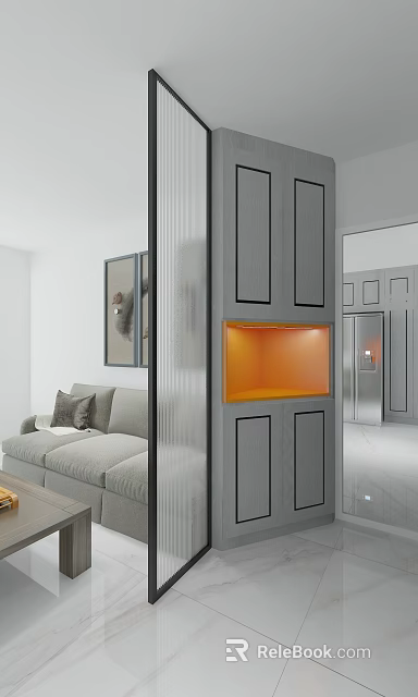 Modern Interior Partition Design With Gray Panel And Orange Lighting Niche 3d model 