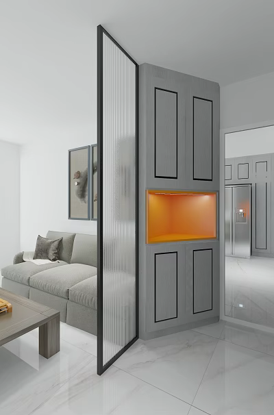 Modern Interior Partition Design With Gray Panel And Orange Lighting Niche 3d model