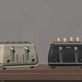 Modern Cream And Black Kitchen Toasters On Wooden Countertop With Toasted Bread Slices