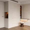 Modern White Built in Wardrobe With Open Shelves Countertop And Stool Lighting