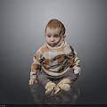 Baby Sitting on Black Reflective Floor Wearing Plaid Sweater Gray Pants and Light Shoes