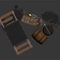 Rustic Mine Cart Scene With Wooden Barrels Coal Pile And Lit Lantern