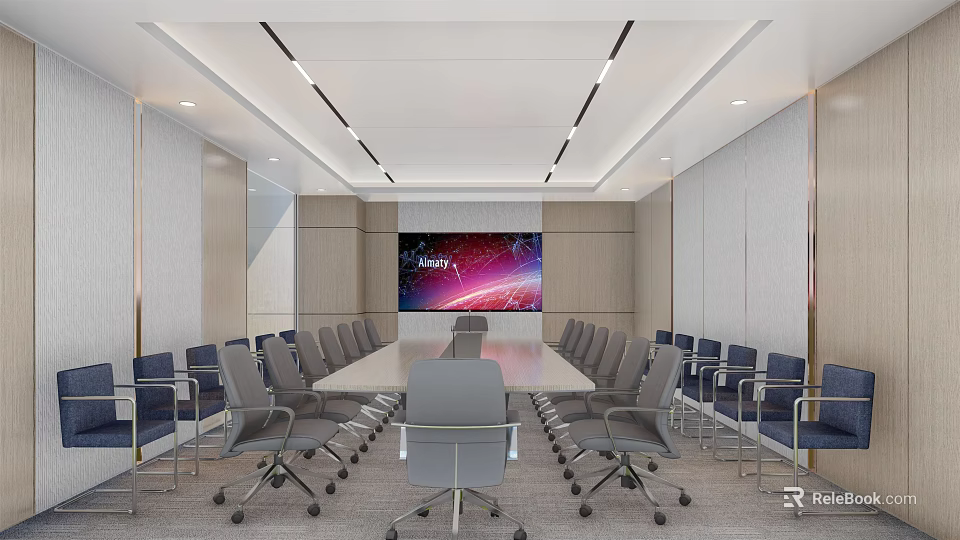 Modern Conference Room Interior With Long Table Gray Chairs And Large Screen 3d model