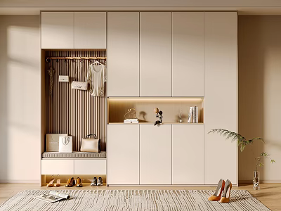 Modern Shoe Cabinet With Multifunctional Storage Design Hanging Area Bench And Open Shelves For Shoes And Accessories 3d model