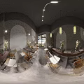 Modern Restaurant Interior Featuring Long Dining Table White Chairs Pendant Lights Arched Wall Flower Arrangements