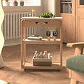 Wooden Coffee Table With Shelves Green Fruits Books Clock And Basket Of Bottles