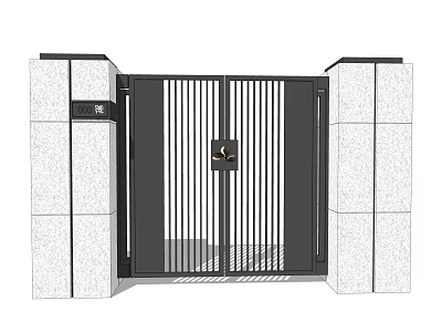 Modern Entrance Gate With Black Vertical Slat Design And White Stone Pillars 3d model