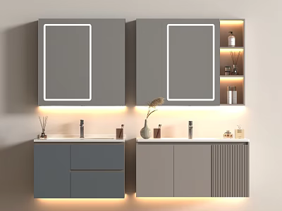 Modern Double Washbasin Vanity With LED Mirrors Gray Cabinets And Decorative Items 3d model