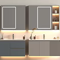 Modern Double Washbasin Vanity With LED Mirrors Gray Cabinets And Decorative Items