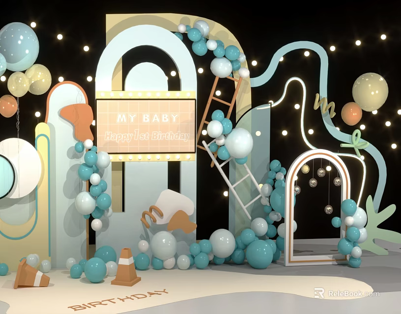 Baby Birthday Party Decorations With Pastel Balloons Arch And Fairy Lights 3d model 
