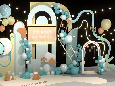 Baby Birthday Party Decorations With Pastel Balloons Arch And Fairy Lights 3d model