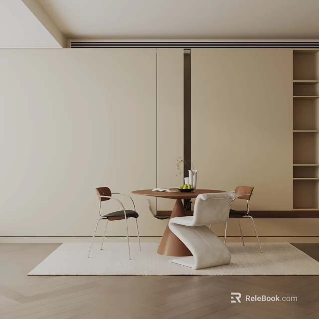Modern Minimalist Round Dining Table Set With Chairs Vase And Carpet In Light Interior 3d model 