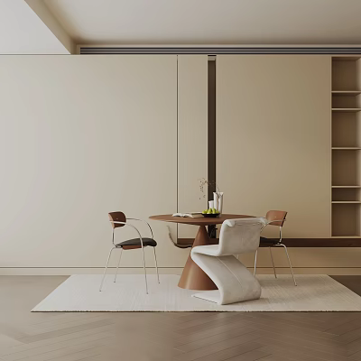 Modern Minimalist Round Dining Table Set With Chairs Vase And Carpet In Light Interior 3d model