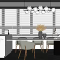 Modern Dining Table Set With White Chairs Marble Top And Pendant Lights 3d model