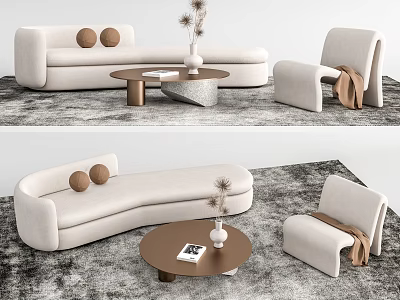 Modern Beige Sofa and Wooden Coffee Table Set with Round Cushions Vase Armchair and Blanket 3d model