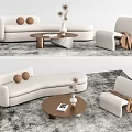 Modern Beige Sofa and Wooden Coffee Table Set with Round Cushions Vase Armchair and Blanket