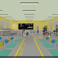 Modern Fitness Gym Interior Featuring Yellow Walls Gray Floor Green Exercise Steps And Fitness Equipment