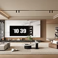 Modern Living Room Interior With Marble Backdrop Large Screen TV Comfortable Sofas And Coffee Tables