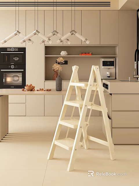 White Wooden Ladder In Modern Kitchen With Cabinets Oven And Coffee Machine 3d model 