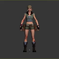 Adventurous Woman Wearing Green Vest Shorts Wrist Guards Boots With Blood Stains Holding Hammer