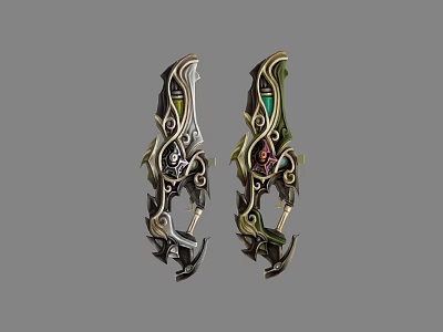 Two Ornate Fantasy Blades With Intricate Gold Green Designs Elaborate Scrollwork And Decorative Details 3d model