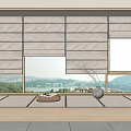 White Roman Curtains In Wooden Window With Decorative Vase On Sill And Mountain View
