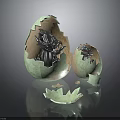 Hatching Baby Creatures Emerging From Broken Green Eggshells With Scattered Fragments