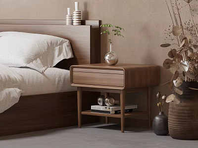 Wooden Bedside Table With Drawer Shelf Vase Plant And Bedroom Decor 3d model