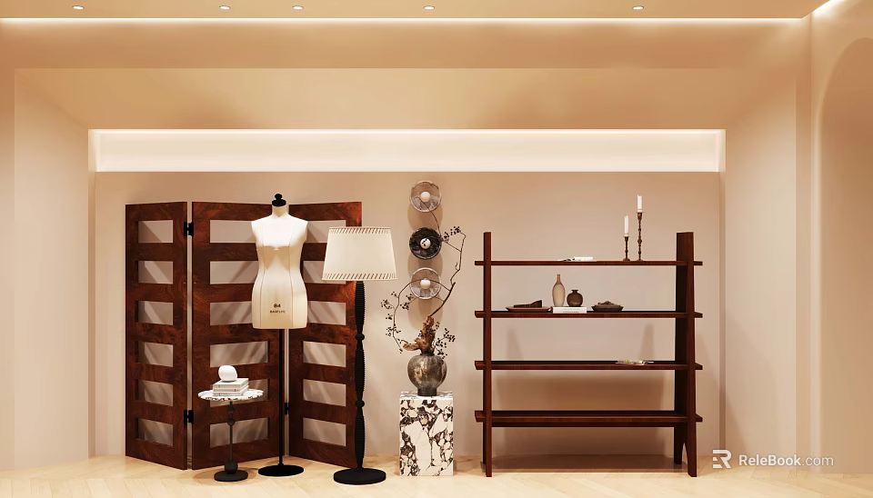 Clothing Store Interior With Mannequin Wooden Screen Shelves And Decorative Lamps 3d model 