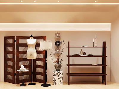 Clothing Store Interior With Mannequin Wooden Screen Shelves And Decorative Lamps 3d model