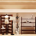 Clothing Store Interior With Mannequin Wooden Screen Shelves And Decorative Lamps