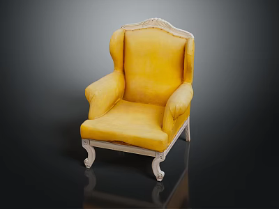 Elegant Yellow Single Armchair with White Carved Wooden Frame and Comfortable Upholstered Seat 3d model
