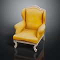 Elegant Yellow Single Armchair with White Carved Wooden Frame and Comfortable Upholstered Seat