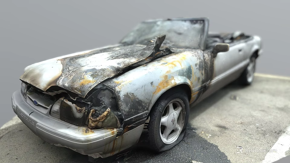 Burnt Convertible Car With Damaged Front End And Rust On Road Surface 3d model 