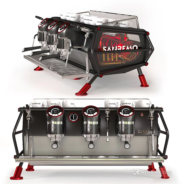 Sanremo Professional Espresso Machine With Black Red Design Multiple Brewing Heads And Pressure Gauges 3d model 