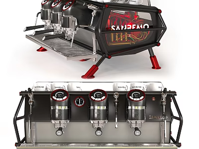 Sanremo Professional Espresso Machine With Black Red Design Multiple Brewing Heads And Pressure Gauges 3d model