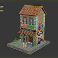 Cartoon Scene of Two Story Brick House with Orange Tiled Roof Ground Floor Cafe and Colorful Graffiti