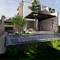 Modern Two Story Detached Villa With Roof Greenery Black Gate And White Fence