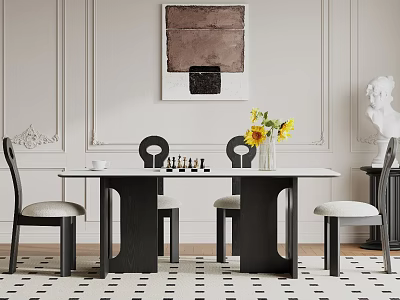 Elegant Dining Table Set with Black Frame Beige Seat Chairs Sunflower Vase Artwork Checkered Rug 3d model