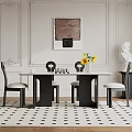 Elegant Dining Table Set with Black Frame Beige Seat Chairs Sunflower Vase Artwork Checkered Rug